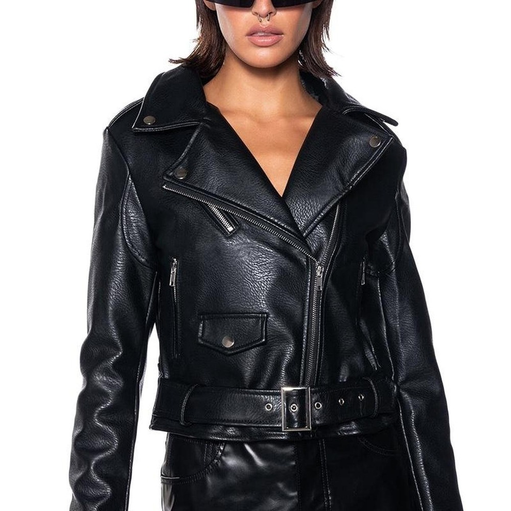 Akira Black faux leather, moto jacket, rhinestone 'SHOP EAT SLEEP REPEAT'
